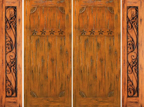 WDMA 100x80 Door (8ft4in by 6ft8in) Exterior Knotty Alder Front Prehung Double Door with Two Sidelights Carved 1