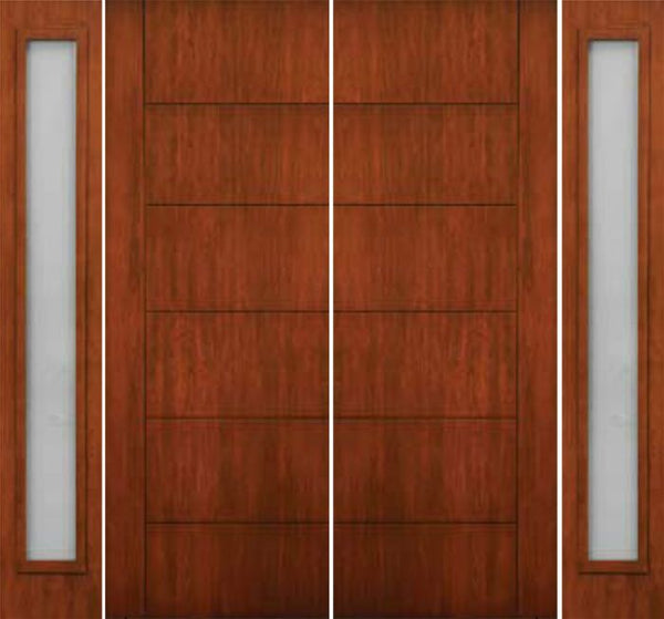 WDMA 108x96 Door (9ft by 8ft) Exterior Cherry 96in Contemporary Lines Single Vertical Grooves Double Fiberglass Entry Door Sidelights 1