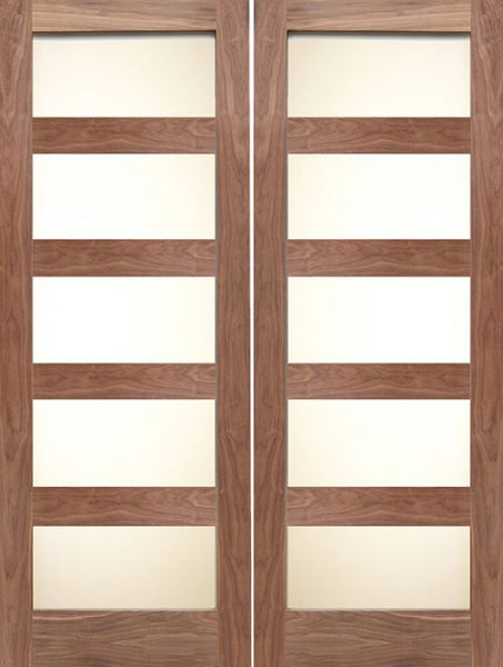 WDMA 48x80 Door (4ft by 6ft8in) Interior Barn Walnut 4 Lite / 5 Lite Shaker Double Door w/ Matte Glass SH-20 1