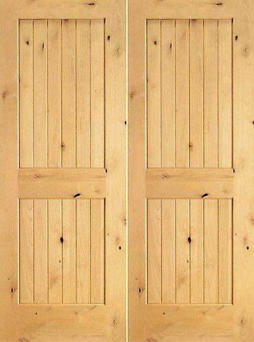 WDMA 48x80 Door (4ft by 6ft8in) Interior Swing Knotty Alder S/W-96 Wood 2 Panel V-Grooved Double Door 1