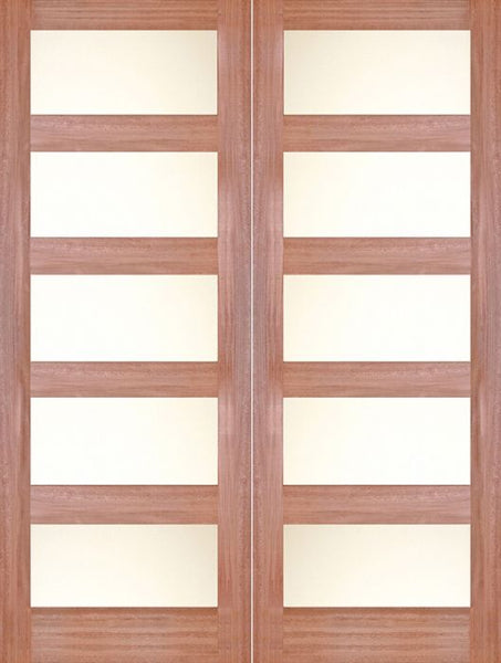 WDMA 48x80 Door (4ft by 6ft8in) Interior Barn Mahogany 4 Lite / 5 Lite Shaker Double Door w/ Matte Glass SH-20 1