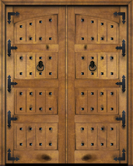 WDMA 48x96 Door (4ft by 8ft) Interior Swing Mahogany Arch Top 4 Panel V-Grooved Plank Rustic-Old World Exterior or Double Door with Corner Straps and Clavos 1