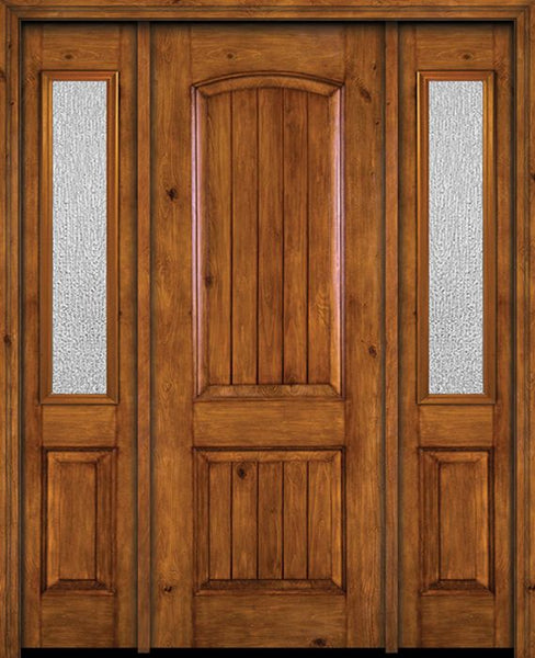 WDMA 54x96 Door (4ft6in by 8ft) Exterior Knotty Alder 96in Alder Rustic V-Grooved Panel Single Entry Door Sidelights Rain Glass 1