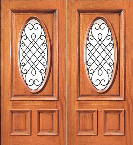 WDMA 64x80 Door (5ft4in by 6ft8in) Exterior Mahogany Insulated Oval Lite Double Door Ironwork 1