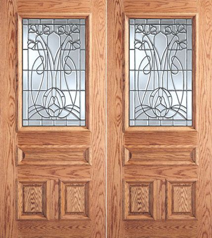 WDMA 64x80 Door (5ft4in by 6ft8in) Exterior Mahogany Vase with Flowers Design Glass 3-Panel 1/2 Lite Double Door 1