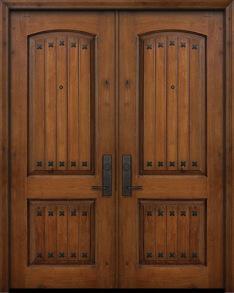 WDMA 64x96 Door (5ft4in by 8ft) Exterior Knotty Alder 96in Double 2 Panel Arch V-Groove Door with Clavos 1