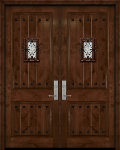 WDMA 64x96 Door (5ft4in by 8ft) Exterior Knotty Alder 96in Double 2 Panel V-Grooved Estancia Alder Door with Speakeasy / Clavos 1
