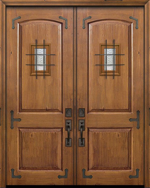 WDMA 64x96 Door (5ft4in by 8ft) Exterior Knotty Alder 96in Double 2 Panel Arch Door with Speakeasy / Corner Straps 1