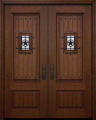 WDMA 64x96 Door (5ft4in by 8ft) Exterior Mahogany IMPACT | 96in Double 2 Panel Square V-Grooved Door with Speakeasy / Clavos 1