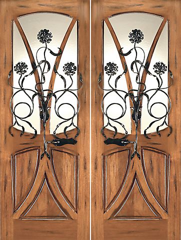 WDMA 72x96 Door (6ft by 8ft) Exterior Mahogany AN-2004-2 Tree Lite Hand Carved Art Nouveau Double Door Forged Iron 1