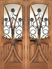 WDMA 72x96 Door (6ft by 8ft) Exterior Mahogany AN-2004-2 Tree Lite Hand Carved Art Nouveau Double Door Forged Iron 1