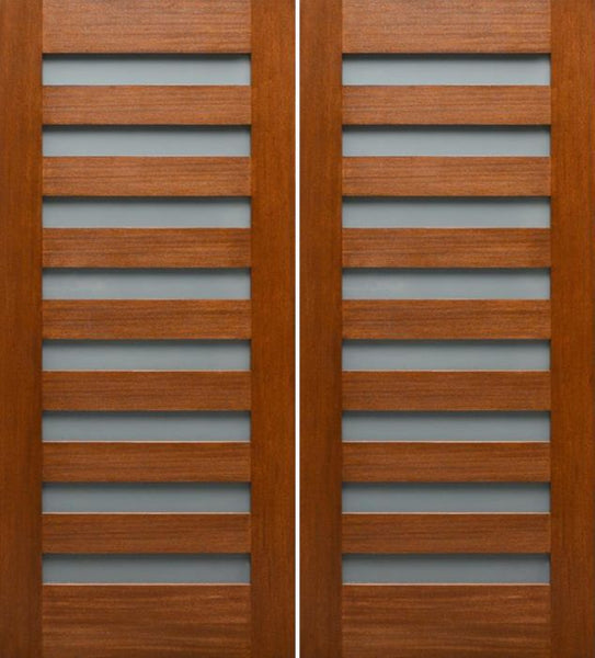 WDMA 84x80 Door (7ft by 6ft8in) Exterior Mahogany Modern 8-Lite Double Door with Opaque Sandblast Glass 1