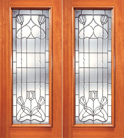 WDMA 84x80 Door (7ft by 6ft8in) Exterior Mahogany Double Door Contemporary Floral Beveled Glass Full lite 1