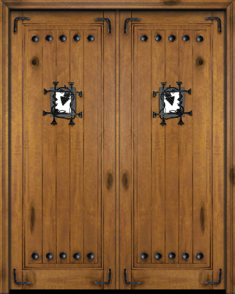 WDMA 84x80 Door (7ft by 6ft8in) Exterior Swing Mahogany 1 Panel V-Grooved Plank Rustic-Old World or Interior Double Door with Speakeasy Corner Straps and Clavos 1
