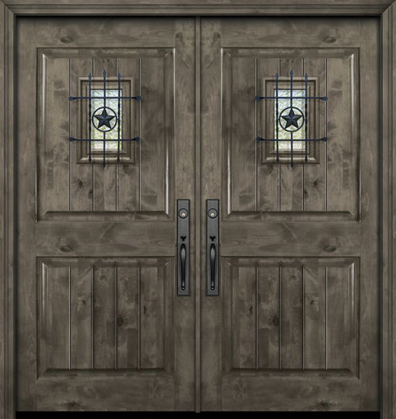 WDMA 84x80 Door (7ft by 6ft8in) Exterior Knotty Alder 42in x 80in Double 2 Panel Square V-Grooved Estancia Alder Door with Speakeasy 1