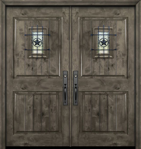 WDMA 84x80 Door (7ft by 6ft8in) Exterior Knotty Alder 42in x 80in Double 2 Panel Square V-Grooved Estancia Alder Door with Speakeasy 1