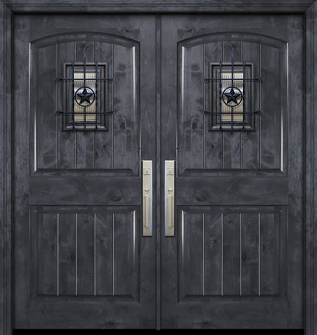 WDMA 84x80 Door (7ft by 6ft8in) Exterior Knotty Alder 42in x 80in Double Arch 2 Panel V-Grooved Estancia Alder Door with Speakeasy 1