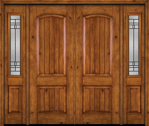 WDMA 84x96 Door (7ft by 8ft) Exterior Knotty Alder 96in Alder Rustic V-Grooved Panel Double Entry Door Sidelights Pembrook Glass 1