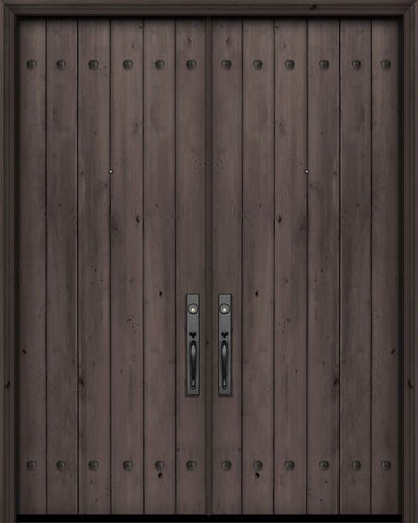 WDMA 84x96 Door (7ft by 8ft) Exterior Swing Knotty Alder 42in x 96in Double Square Top Plank Estancia Alder Door with Clavos 1