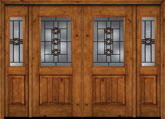 WDMA 88x80 Door (7ft4in by 6ft8in) Exterior Cherry Alder Rustic V-Grooved Panel 1/2 Lite Double Entry Door Sidelights Mission Ridge Glass 1