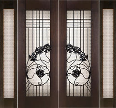 WDMA 96x96 Door (8ft by 8ft) Exterior Mahogany Double 2-1/4in Thick Art Nouveau Doors Sidelights Art Glass Iron Work 1