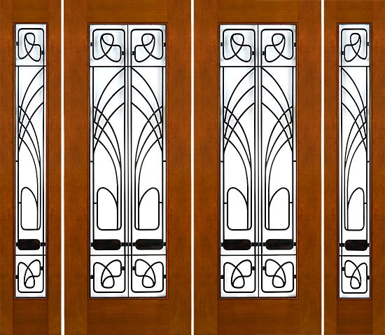 WDMA 96x96 Door (8ft by 8ft) Exterior Mahogany 2-1/4in Art Nouveau Double Doors Sidelights Low-E Iron Work 1